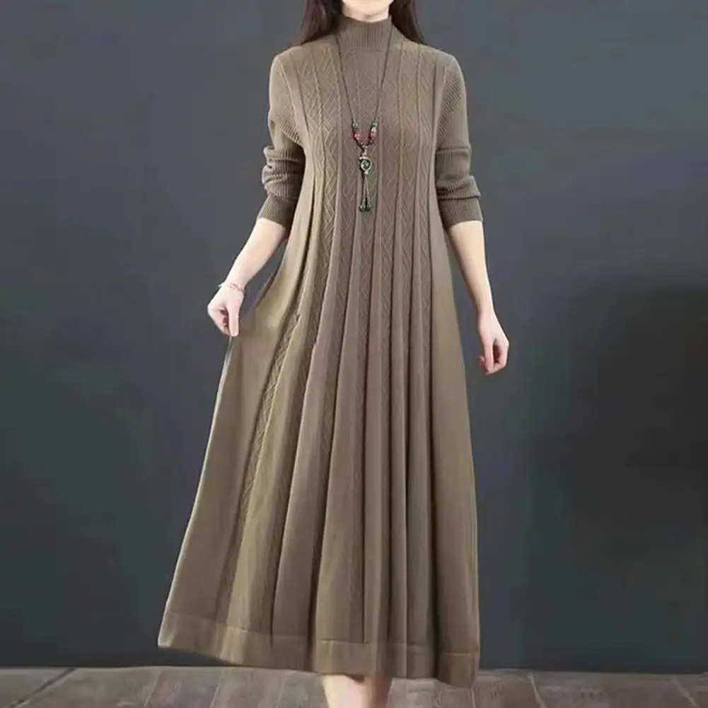 

Loose Waistline Dress Cozy Knitted A-line Midi Dress With High Collar Pleated Hem For Women's Fall Winter Wardrobe Solid Color