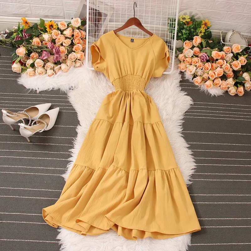 French Vintage Solid Color Dress Women Summer V-neck Short Sleeve Elegant Elastic Waist Fashion Beach Long Dress Women Clothing
French Vintage Solid Color Dress Women Summer V-neck Short Sleeve Elegant Elastic Waist Fashion Beach Long Dress Women Clothing
