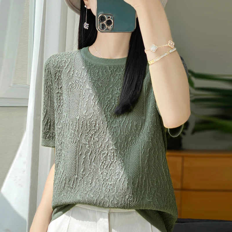 

Summer 2024 New Round Neck Slimming Knitted Short Half Sleeve Women's Tencel T-shirt Fashion Linen Top Loose Top ﻿