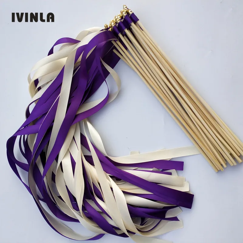 

50pcs/lot Purple ribbon wedding wands with gold bell Wedding Ribbon Stick,ribbon Twirling Streamers