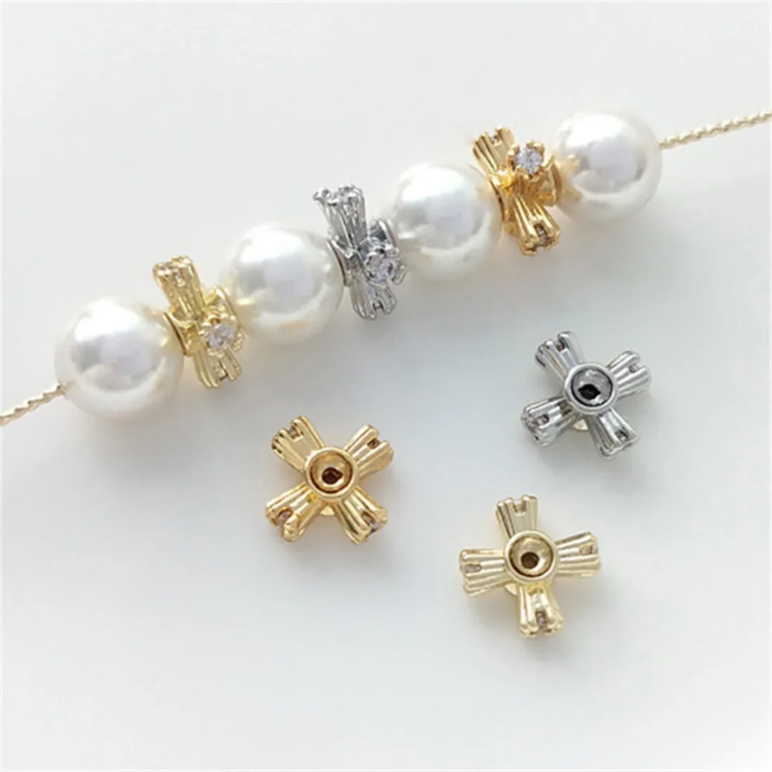 

14K18K Gold Cross Zircon Beads with Four Corner Spacers DIY Pearl Bracelet Necklace Accessories C311