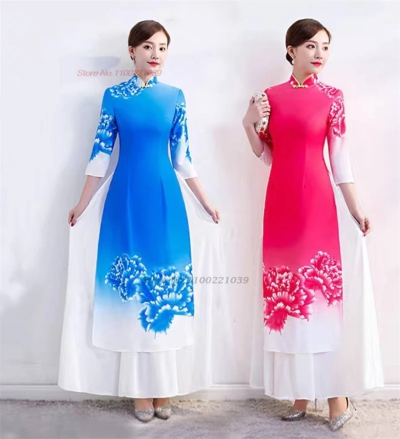 

2024 ao dai vietnam traditional banquet dress chinese cheongsam oriental flower print improved qipao party evening dress vestido