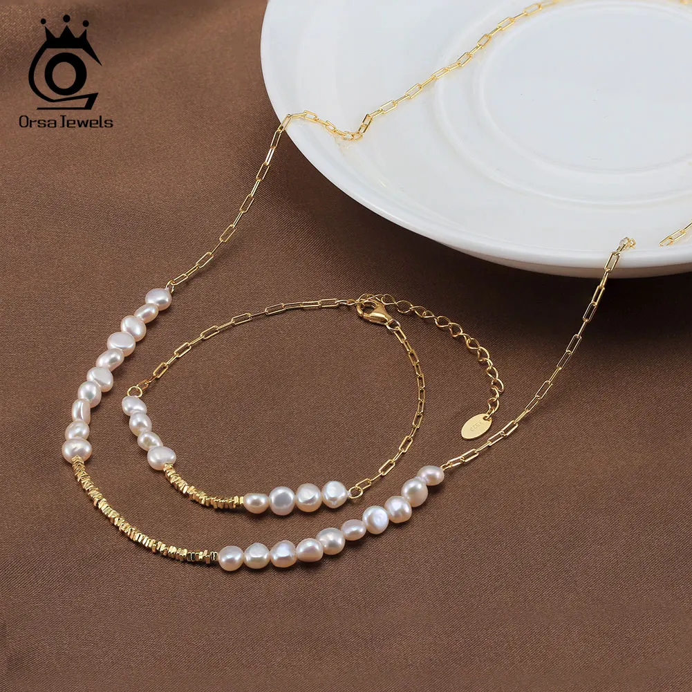 

ORSA JEWELS 14K Gold Nugget Chain Necklace 925 Sterling Silver Cultured Freshwater Pearl Necklace Vintage Jewelry for Women GPN6
