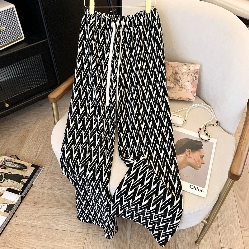 

Women's Vintage Geometric Patterns High Waist Pants Chic Retro Style Young Girl Wide-leg Bottoms Female Casual Straight Trousers