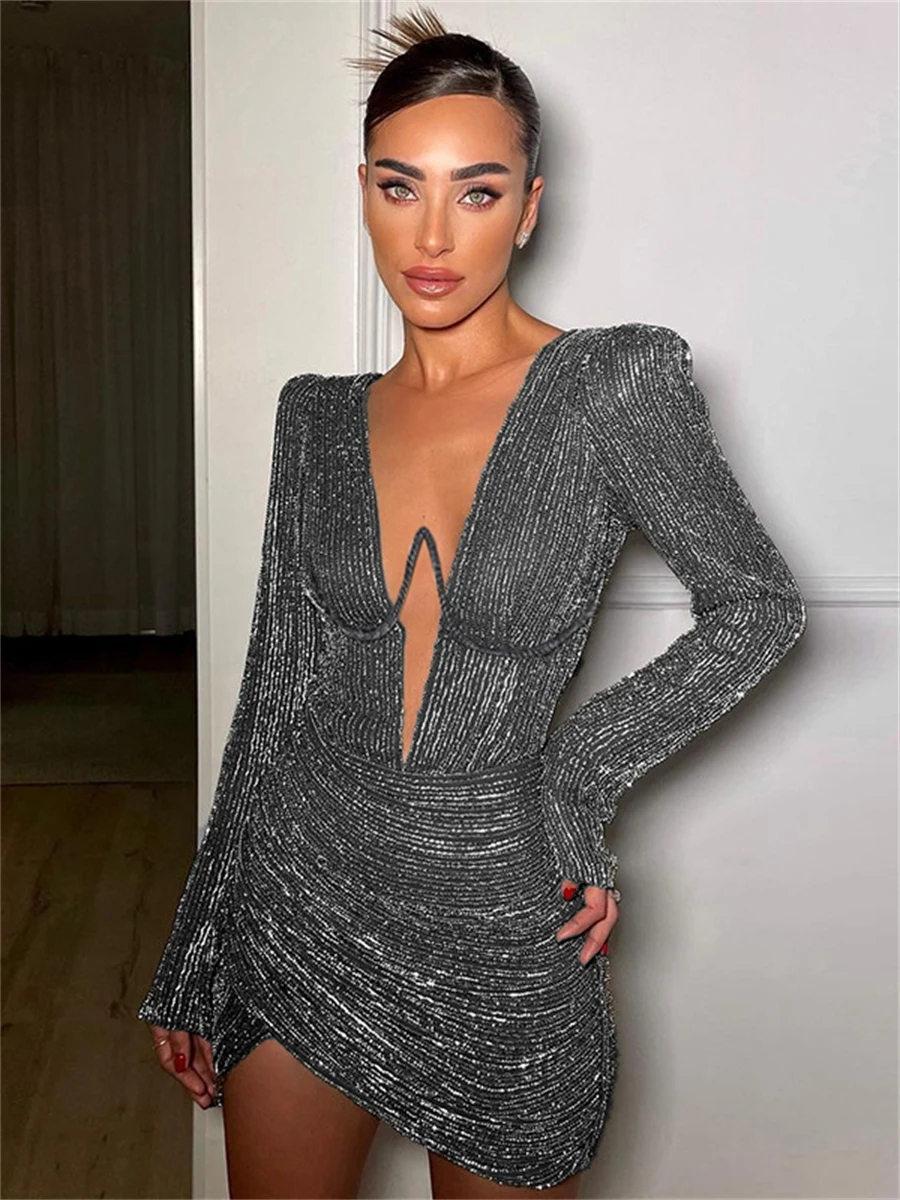 Sexy Shiny Deep V Neck Mini Dress Women Autumn Long Sleeve High Waist Ruched Draped Club Party Dresses Evening Vestidos
Sexy Shiny Deep V Neck Mini Dress Women Autumn Long Sleeve High Waist Ruched Draped Club Party Dresses Evening Vestidos