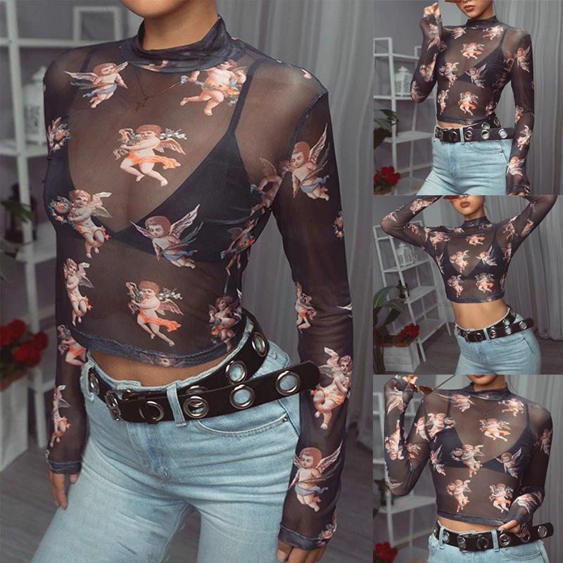 Sexy Women T-Shirt See Through Transparent Mesh Tops Long Sleeve Sheer Slim Ladies Turtleneck T-Shirt Angel Printed Women
Sexy Women T-Shirt See Through Transparent Mesh Tops Long Sleeve Sheer Slim Ladies Turtleneck T-Shirt Angel Printed Women