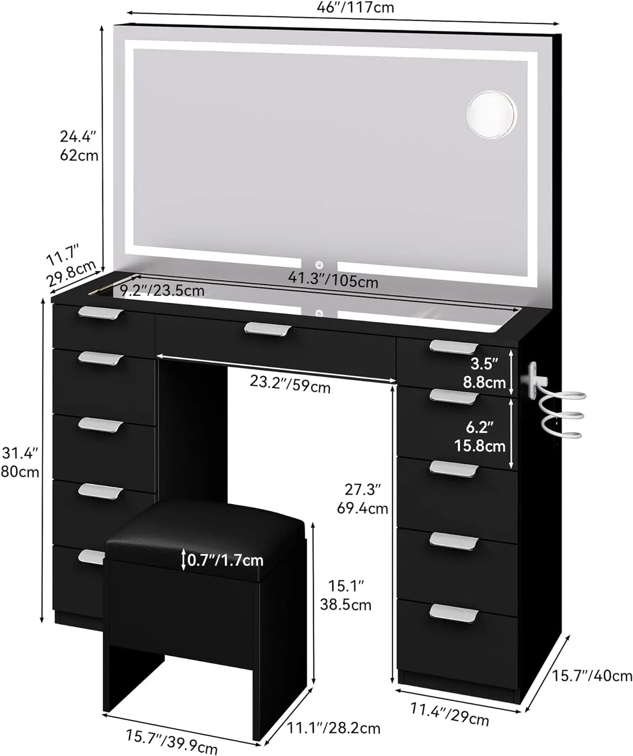 Vanity Desk Set with Large LED Lighted Mirror & Power Outlet, Makeup Vanity with 11 Drawers and Magnifying Glass
Vanity Desk Set with Large LED Lighted Mirror & Power Outlet, Makeup Vanity with 11 Drawers and Magnifying Glass