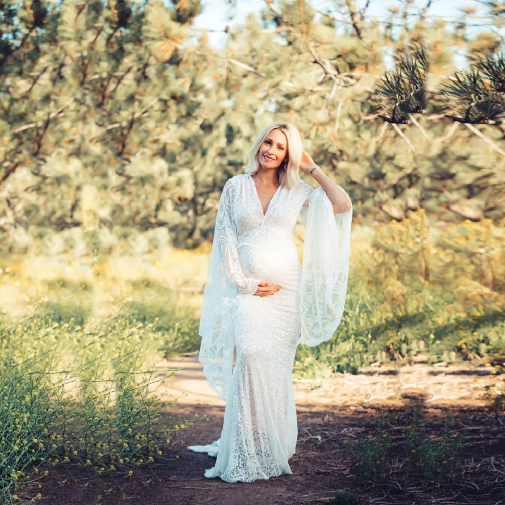 

Women Lace Maternity Dresses Stretch See Through Photography V Neck Baby Shower Maxi Mermaid Pregnant Gown Phootshoot Dress