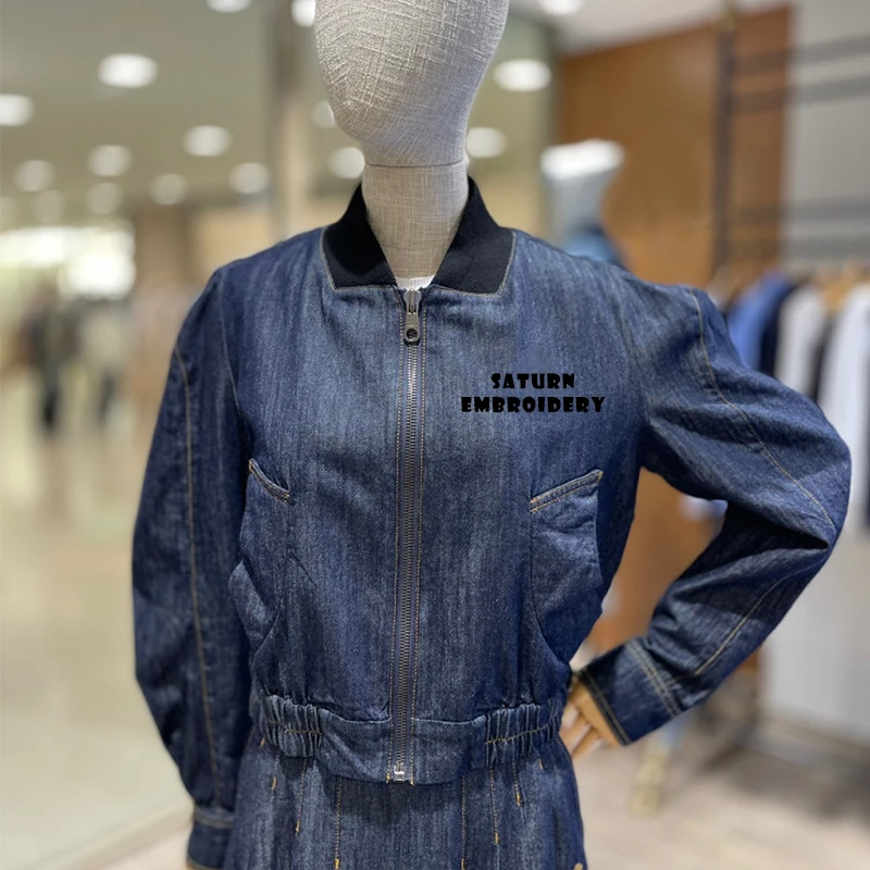 

New Arrival Saturn Embroidery Denim Jacket Women Cropped Cotton Denim Coat with Zippers