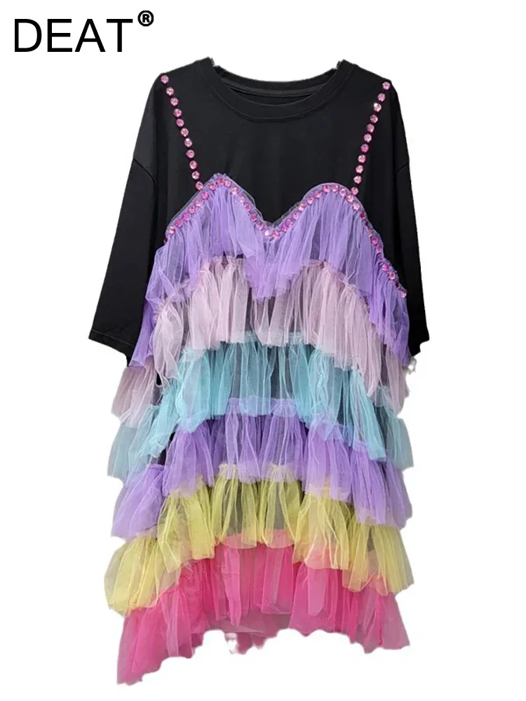

DEAT Women's Tops Spliced Folds Colorful Gauze Short Sleeve Loose A-line T-shirt Dresses 2024 Summer New Fashion 11XX9145