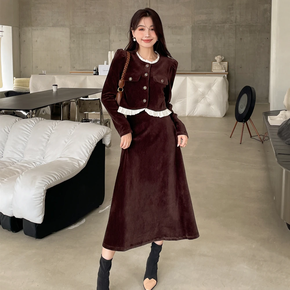 

Autumn Skirt Coat Suits Women Korea Sweet Age Reducing Ruffle Edge Spliced Corduroy High Waist Covering Meat Show Thin Skirt Set