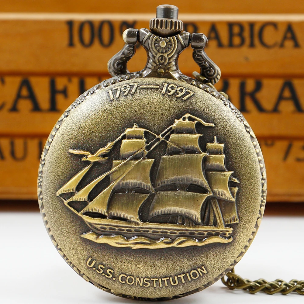 

Vintage Chain Clock Antique Steampunk Bronze Sailing Boat Necklace Quartz Pendant Pocket Watch Gift