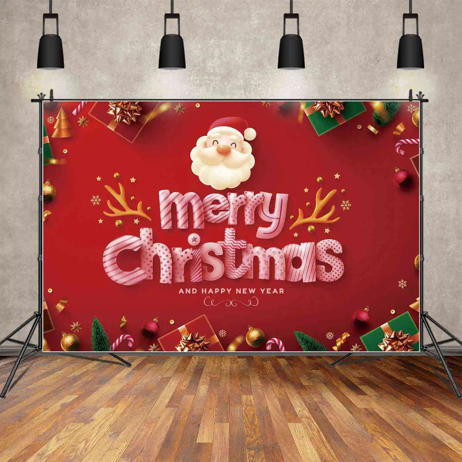 

MOON.QG Backdrop Red Merry Christmas Banner Santa Claus Reindeer Party Decor Background Baby Golden Gift Snowflake Photo Booth