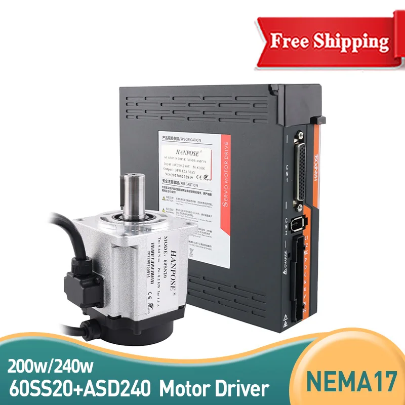 

200W ac Servo Motor drive Kit 1.5A 0.64N.m 60SS20 And ASD240 Servo Drive +3M Encoder Cable For Servo Woodworking CNC Router
