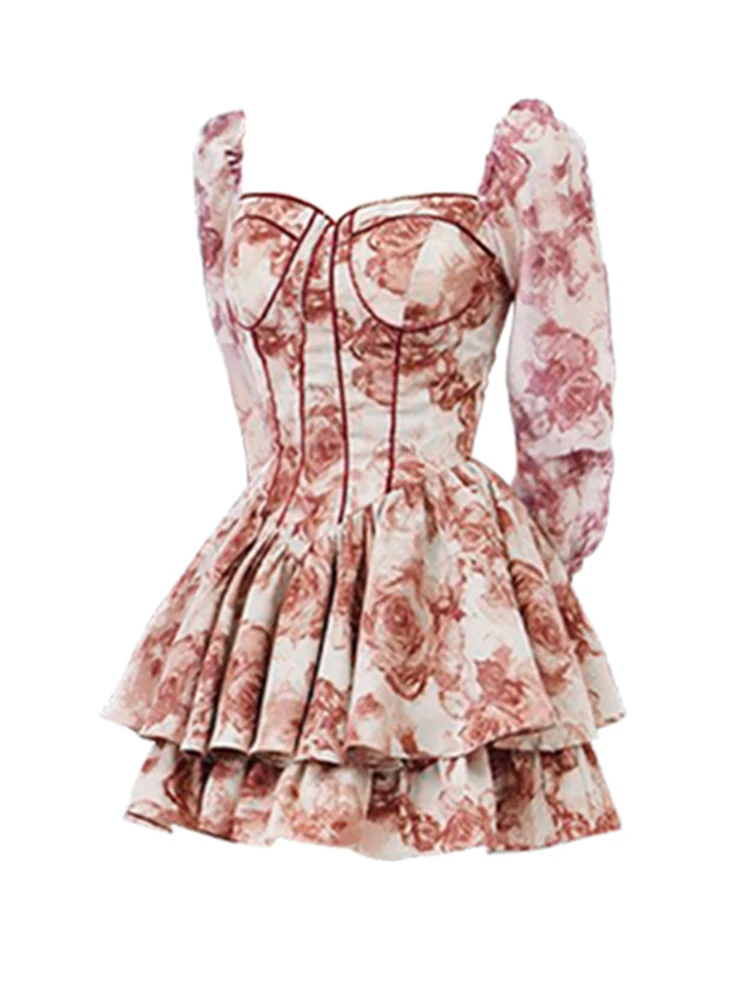 

Женское винтажное мини-платье, вечернее платье с квадратным вырезом, длинным рукавом, оборками, цветочным принтом, в стиле бохо, цельное платье для выпускного вечера, банкетное платье