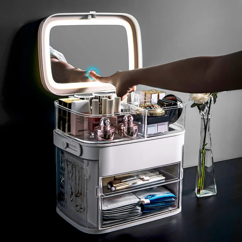 Large-capacity Makeup Organizer Three-speed Dimming Storage Makeup Swivel Open Close Storage Box Led Mirror Lipstick Organizer
Large-capacity Makeup Organizer Three-speed Dimming Storage Makeup Swivel Open Close Storage Box Led Mirror Lipstick Organizer