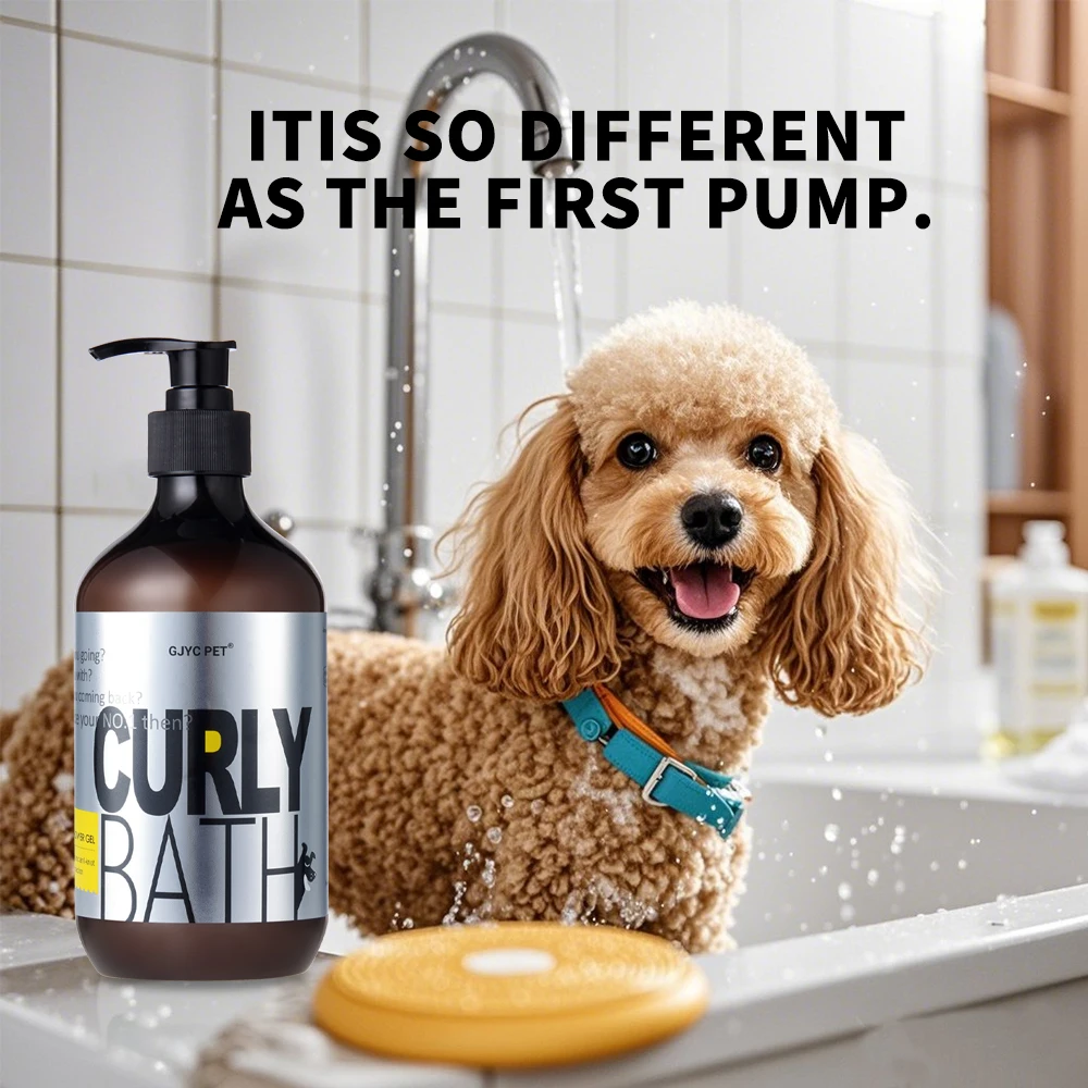 Dog Shampoo | Poodle Dog Shampoo A "Curly Bath" bottle positioned in the foreground of a bright bathroom. In the background, a happy tan Poodle stands in a bathtub with water running from the faucet.