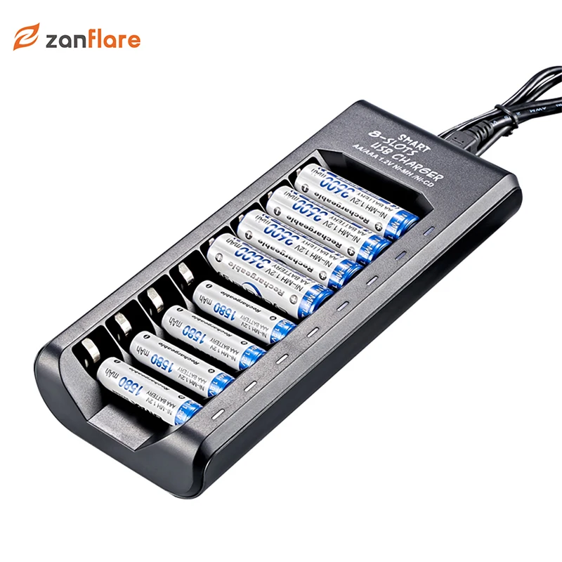 

Zanflare USB Battery Charger 4/8 Slots AA AAA 1.2V Ni-MH NI-CD Rechargeable Batteries Smart Charging LED Light Electric Chargers