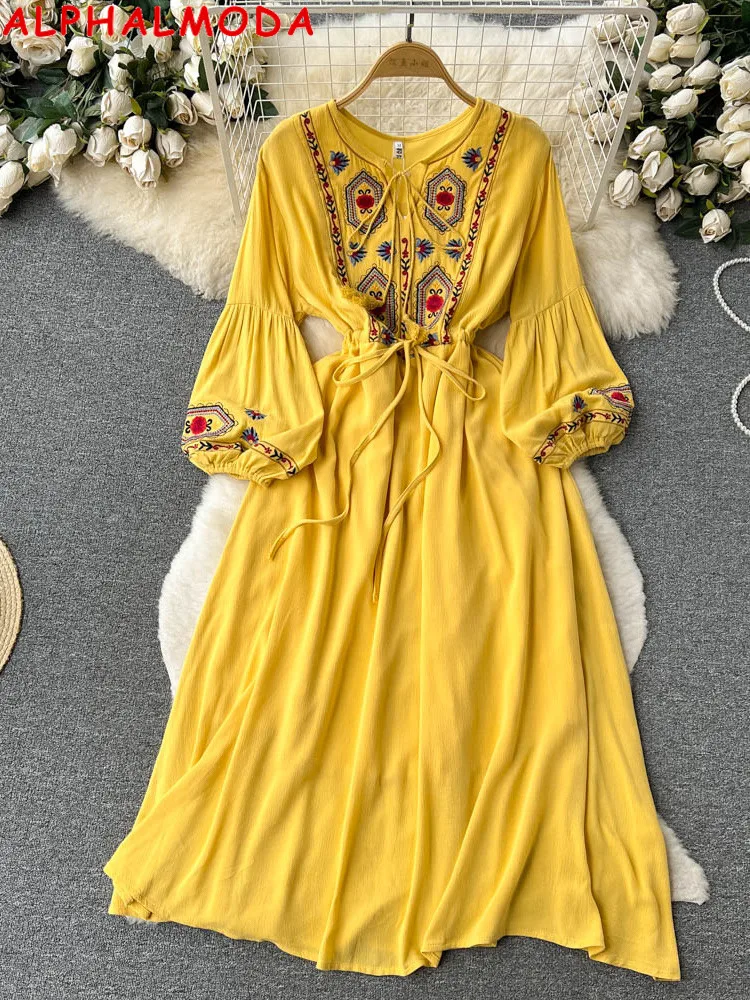 

ALPHALMODA 2023 Spring New Yellow Embroider Long-sleeved Women's Dress National Style Loose Overall Mid-calf Long Dress