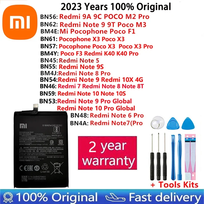 Original Battery For Xiaomi Mi Redmi Note 5 6 7 8 8T 9 9S 9T 9A 9C 10 10X 10S Pocophone Poco F1 F3 X3 POCO M2 K40 Pro M3 Bateria
Original Battery For Xiaomi Mi Redmi Note 5 6 7 8 8T 9 9S 9T 9A 9C 10 10X 10S Pocophone Poco F1 F3 X3 POCO M2 K40 Pro M3 Bateria