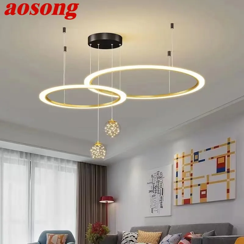 

AOSONG Nordic Pendant Lamp Modern LED Creative 3 Colors Chandelier Ring Round Light Fixtures for Home Living Room Bedroom Decor