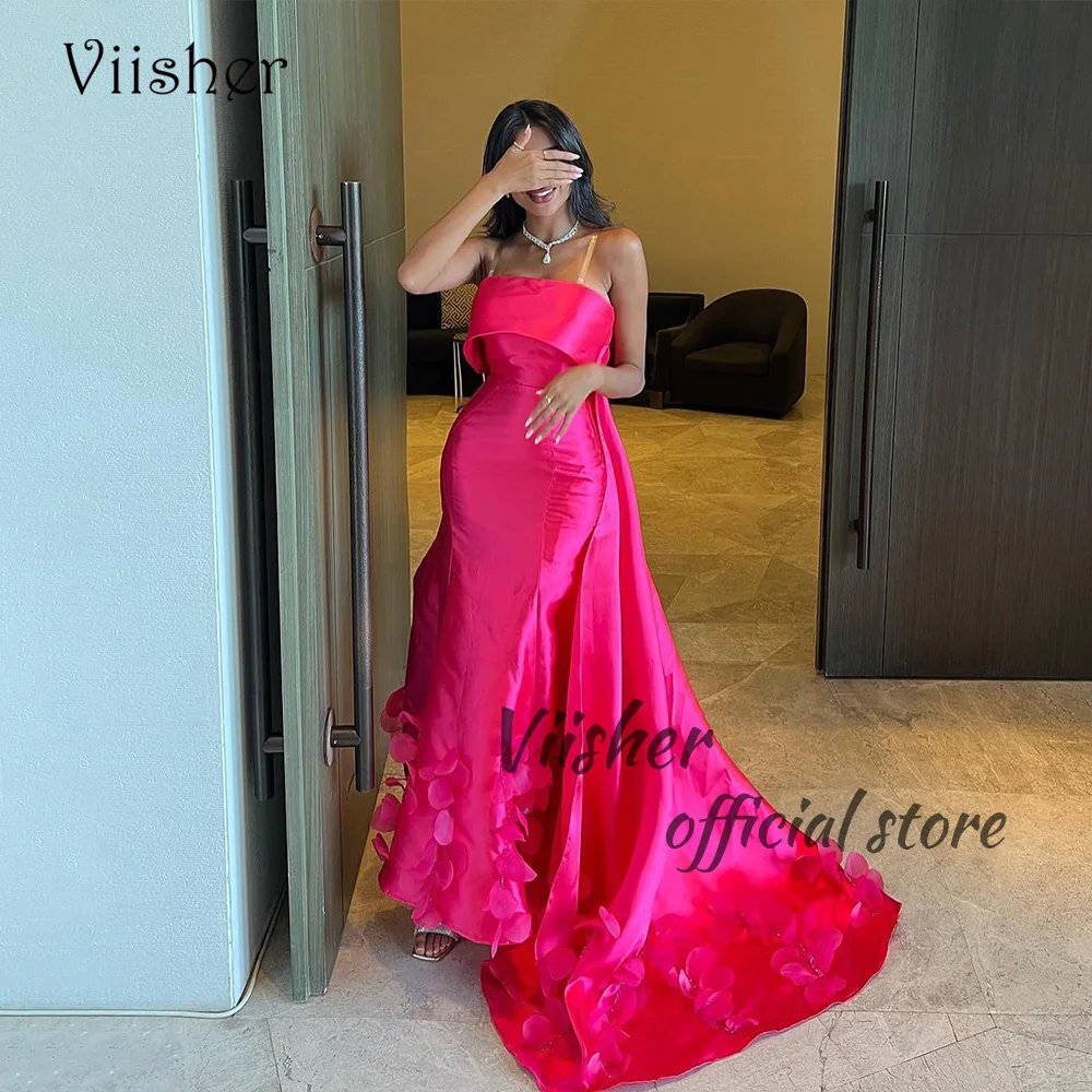 

Viisher Hot Pink Mermaid Evening Dresses 3D Flower Pleats Satin Starapless Celebrate Event Dress with Train Long Dubai Prom Gown