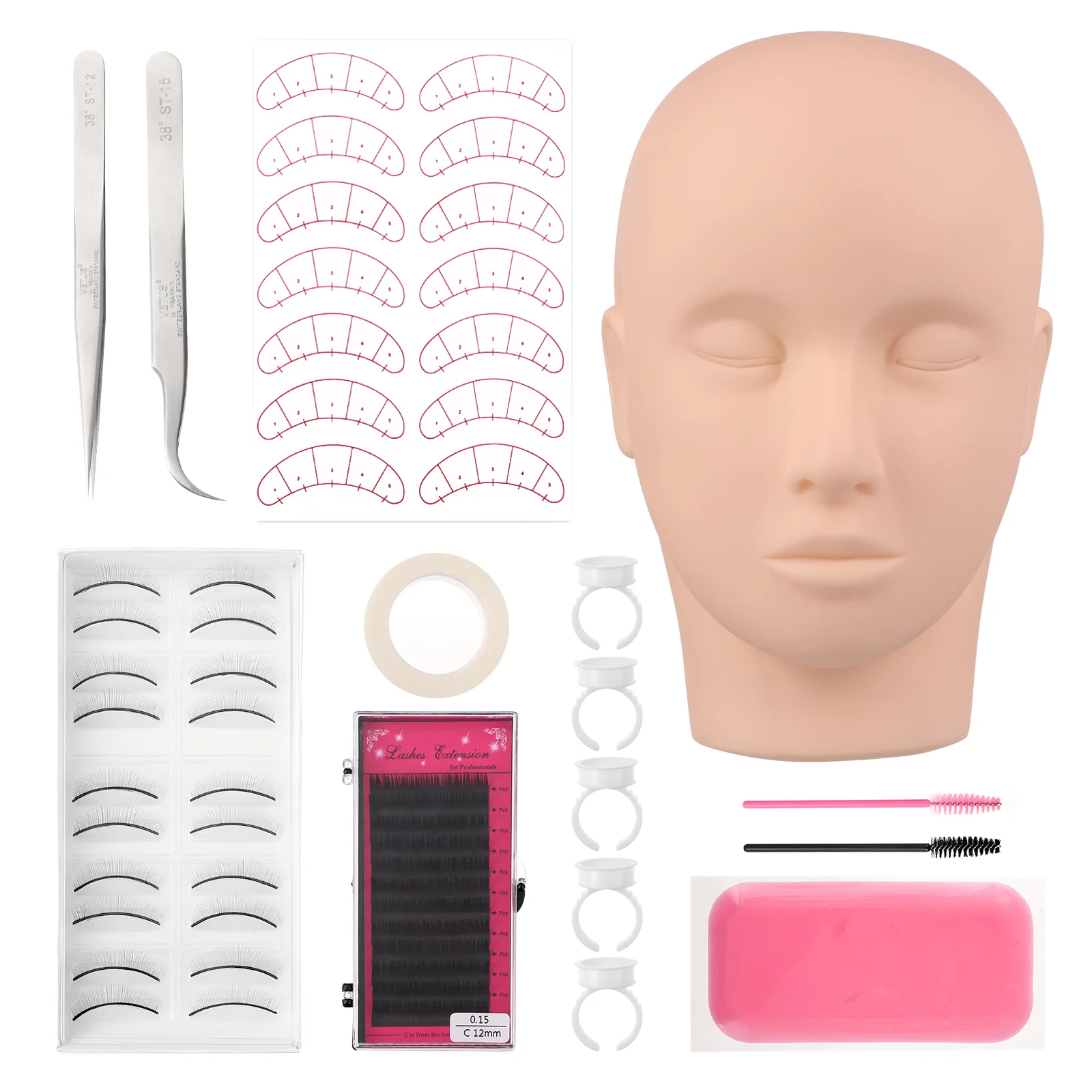 

Professional Eyelash Extension Kit with Mannequin Practice Head Lash Glue and Supplies for Flat False Lash Exercises