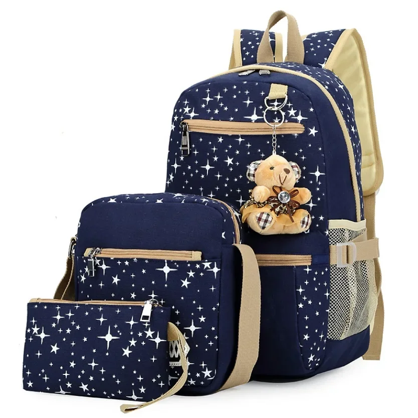 

Sets Backpack Women's School Bag Book Bag For Teenager Canvas Stars Prints Dot Cute Bear Pendent Fashion Satchel Mochila