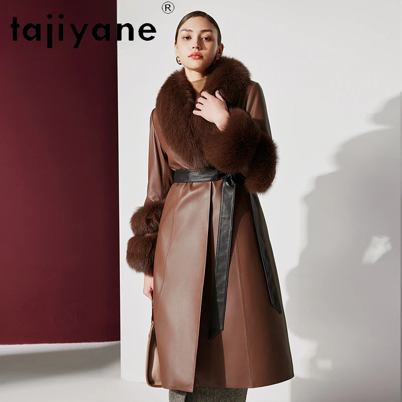 

Tajiyane Genuine Sheepskin Leather Down Jackets for Women Winter 2023 Long White Goose Down Coats Big Fox Fur Collar Warm Parkas