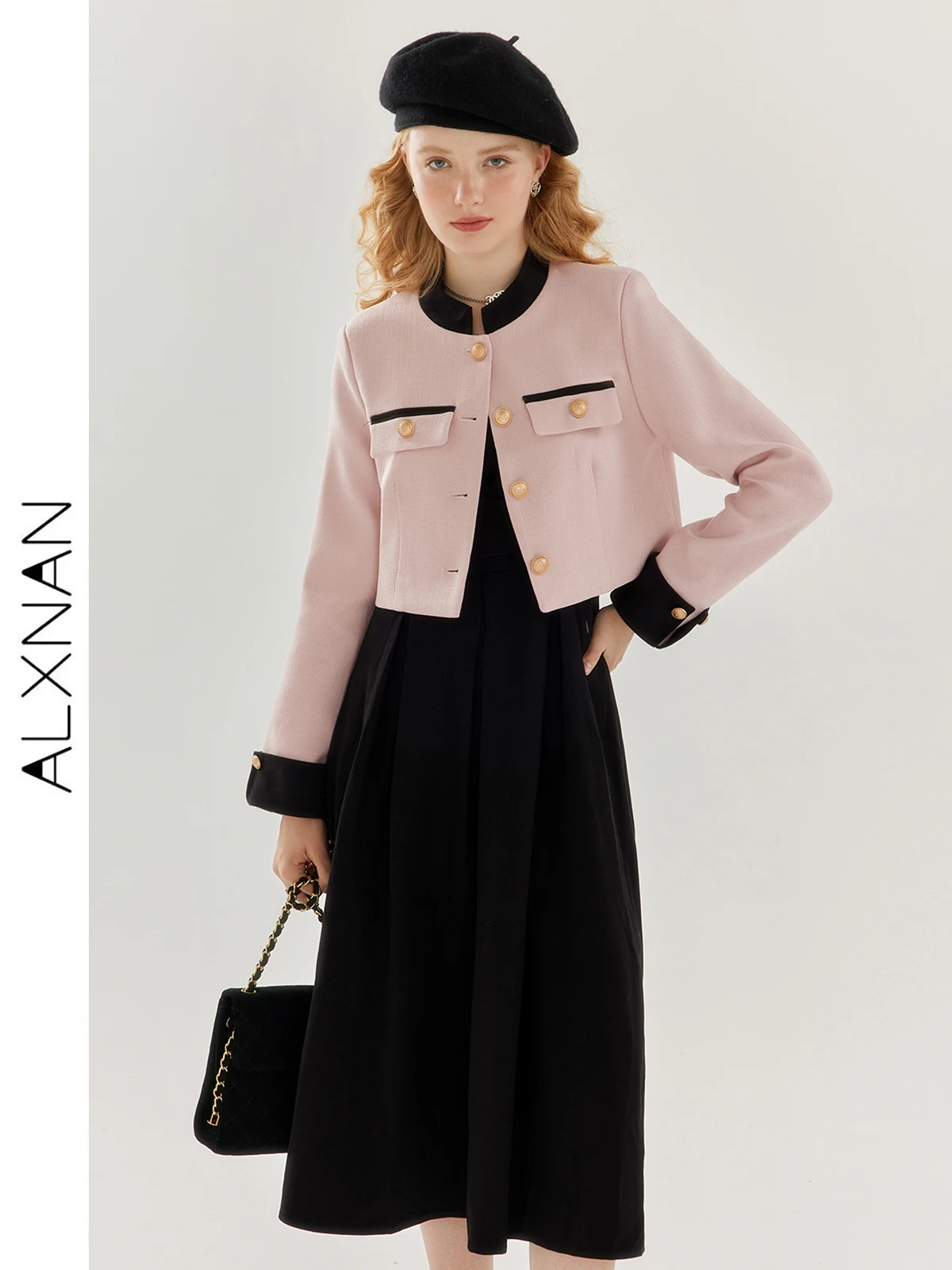 

ALXNAN Elegant Short Tweed Jacket Suspender Dress Two-piece Suit For Women 2024 Casual Pink Female Top Sold Separate TM00808