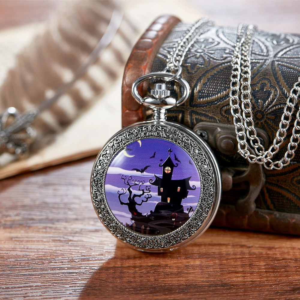 

Детские карманные часы на Хэллоуин с тыквой, ведьмой, замком, римскими цифрами, круглыми серебряными кварцевыми карманными часами