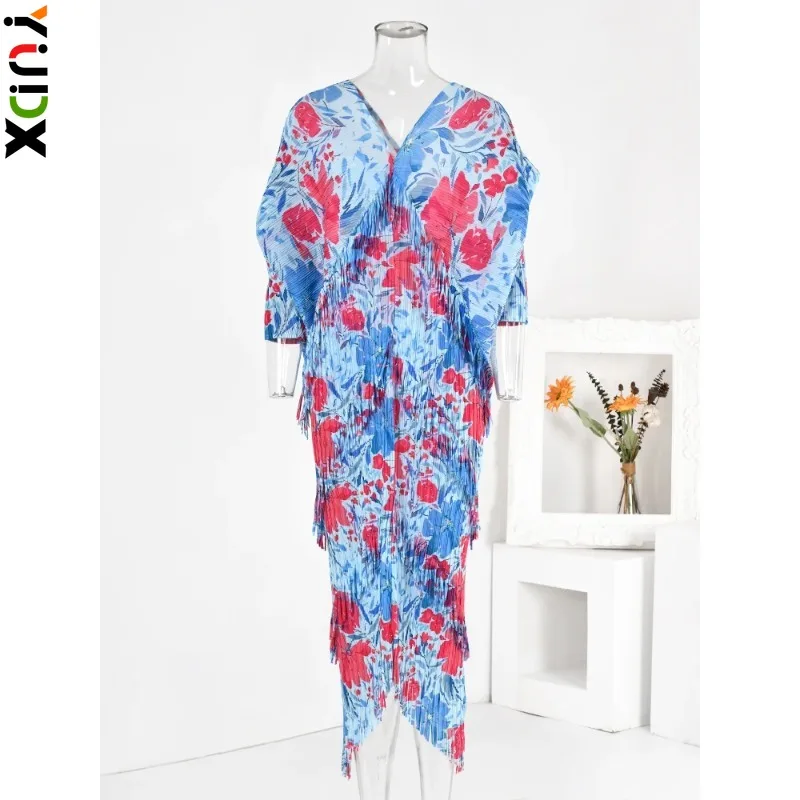 

YUDX Miyake Colorful Printing Pleated Dress For Women V-neck Batwing Sleeves Slim Tassels Dresses Elegant Party 2024 New