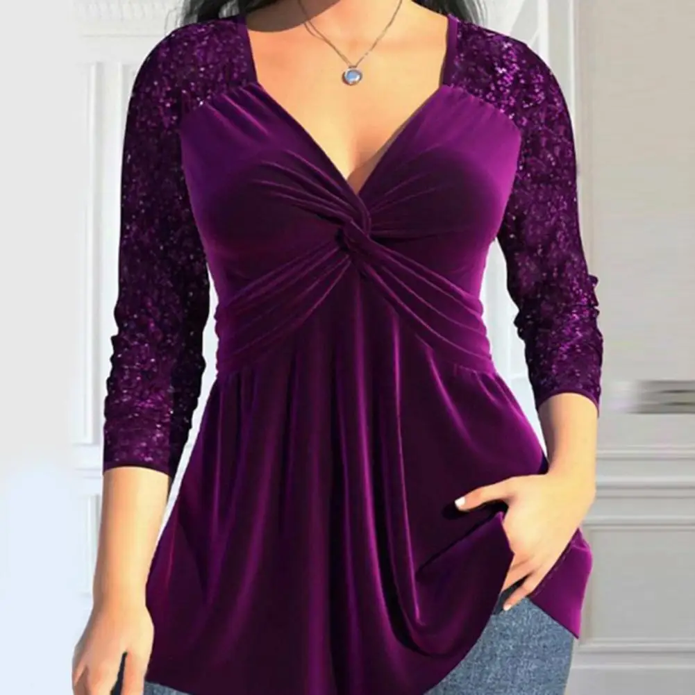 Women Solid Color Tops Sequin Stitching V-neck Blouse Elegant Women's Party Tops With Long Sleeve Loose Hem Design For Spring
Women Solid Color Tops Sequin Stitching V-neck Blouse Elegant Women's Party Tops With Long Sleeve Loose Hem Design For Spring