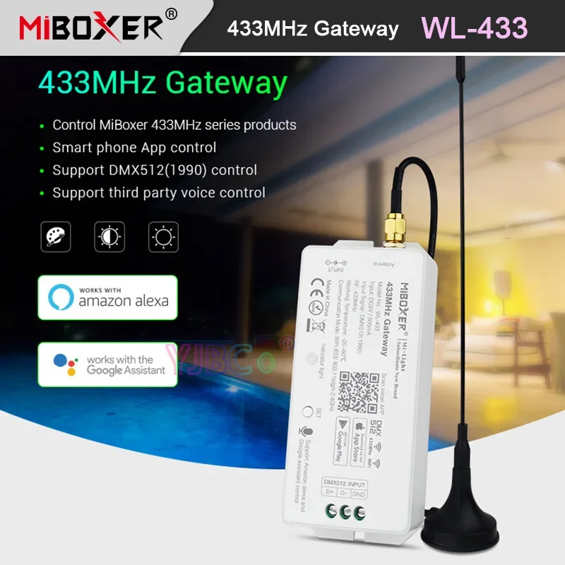 

MiBoxer WL-433 433MHz Gateway DC5V/5 WiFi RF DMX512(1990) Smartphone APP Voice Control for LoRa 433MHz Series Smart LED Lights