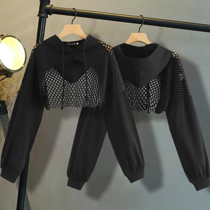 Women Hollow Out Hoodies Black Long Sleeve Pullovers Solid Crop Tops Mesh Sweatshirt Spring Autumn Y2K Short Tops
Women Hollow Out Hoodies Black Long Sleeve Pullovers Solid Crop Tops Mesh Sweatshirt Spring Autumn Y2K Short Tops