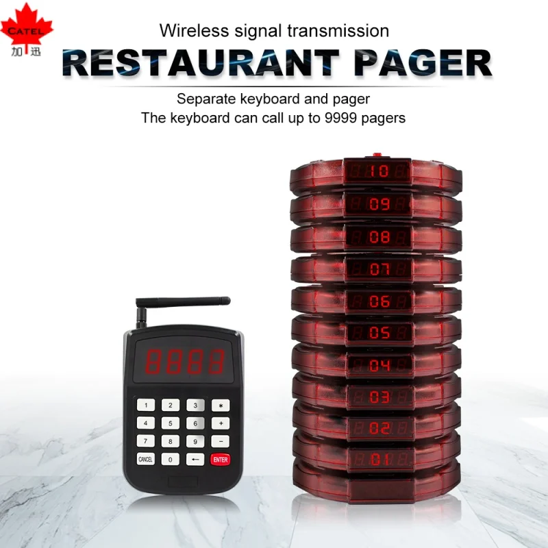 

CATEL 10 Pagers 1 Keypad 1 Charger Base Wireless Paging System Call Waiter Restaurant Calling Buzzer For Restaurant Cafe