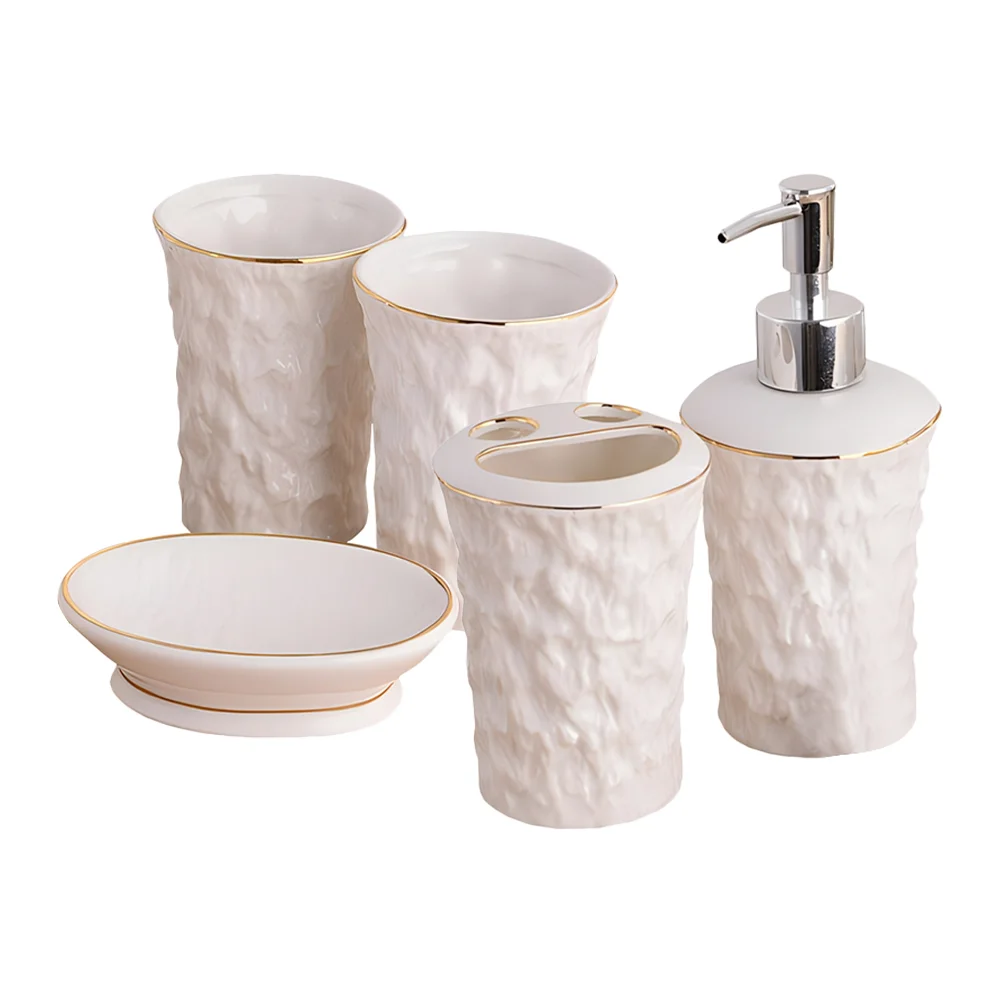 Five Piece Bathroom Set Shampoo Lotion Soap Dispenser Toothbrush Holder Foaming Hand Ceramics Dish for Kitchen Travel Bottle
Five Piece Bathroom Set Shampoo Lotion Soap Dispenser Toothbrush Holder Foaming Hand Ceramics Dish for Kitchen Travel Bottle