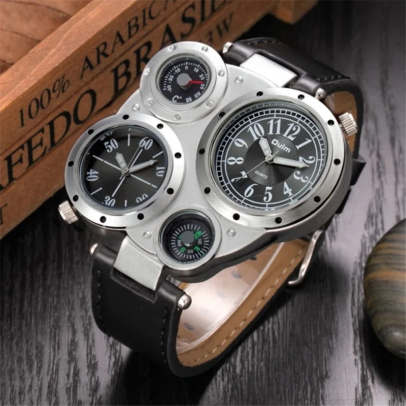 

New Oulm Brand Quartz Watch Leather Multi-Function Mens Wristwatch Specialty Adventure Military Relogio Masculino Drop Shipping