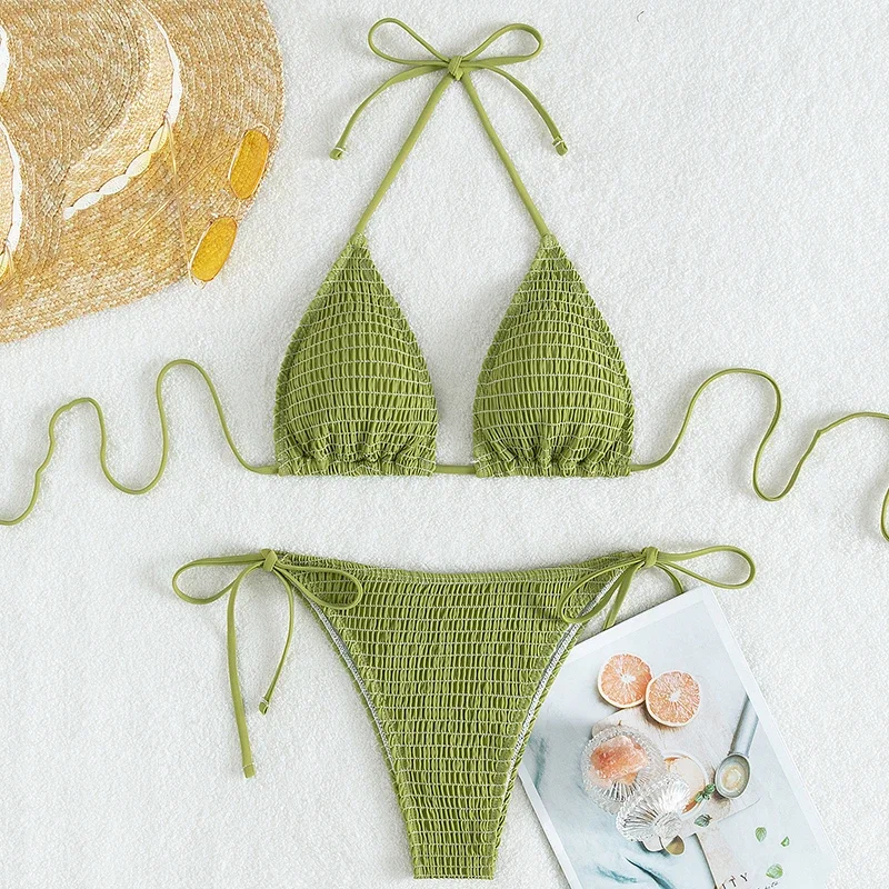 

Sexy Green String Halter Micro Triangle Bikinis Set Mujer Thong Swimsuits Women Wrinkled Swimwear Lace-up Bathing Suits Biquinis