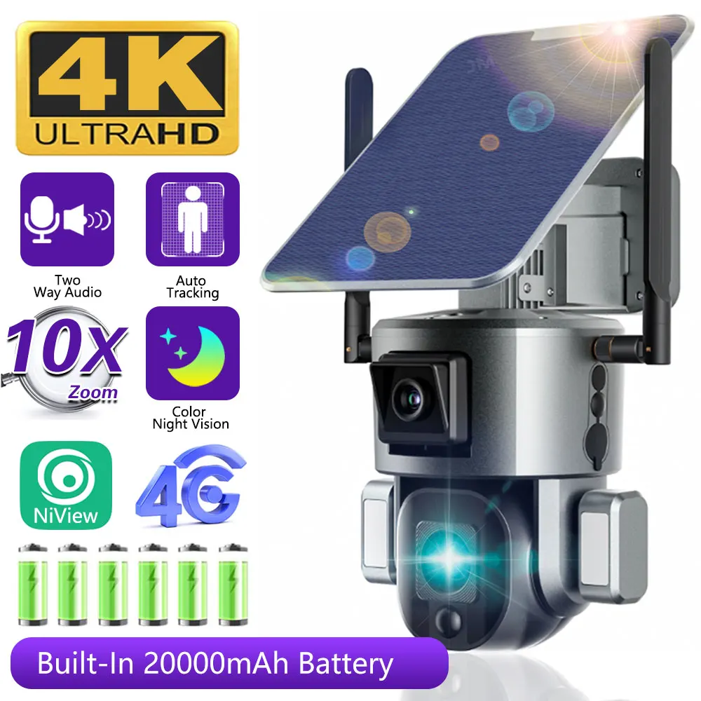 

4K HD Dual Scrceen Preview 4G Solar Camera Outdoor Tracking WIFI 10X Optical Zoom Two-way Audio Color Night Vision CCTV Camera