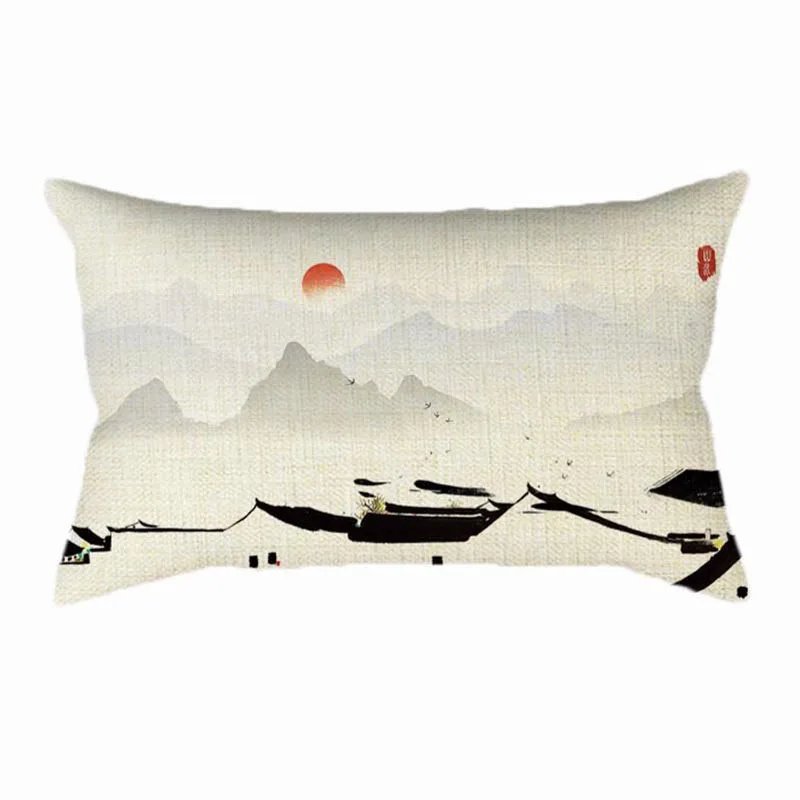 

Rectangle Lumbar Waist Pillow Case Chinese Ink Painting River Mountain Sunrise Sunset Asian Decoration Sofa Throw Cushion Cover