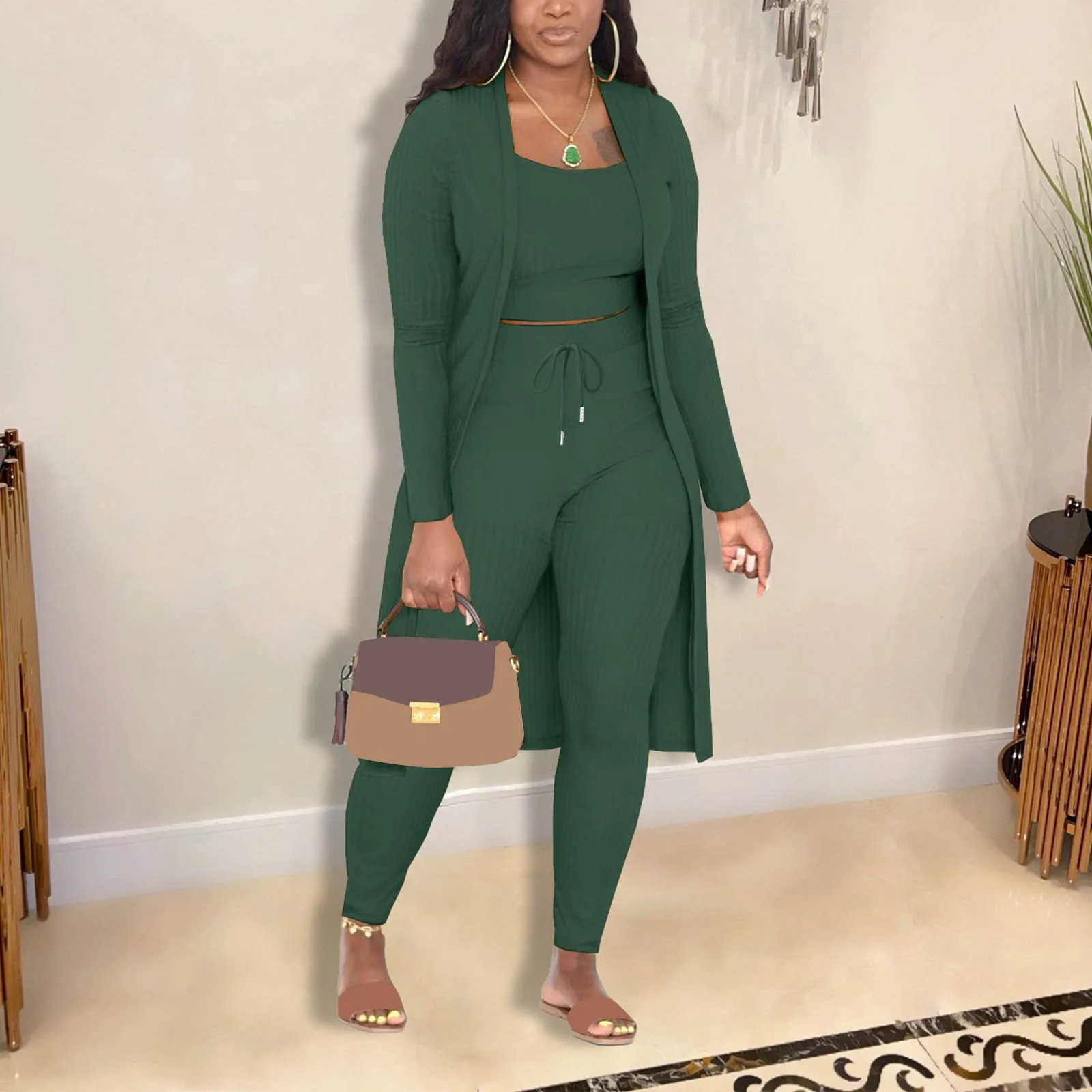 

3 Piece Set Casual Solid Pit Strips Women Pant Sets Fashion Tops And Pants Matching Set Bazin Famous Suit Fall African Suit 2023