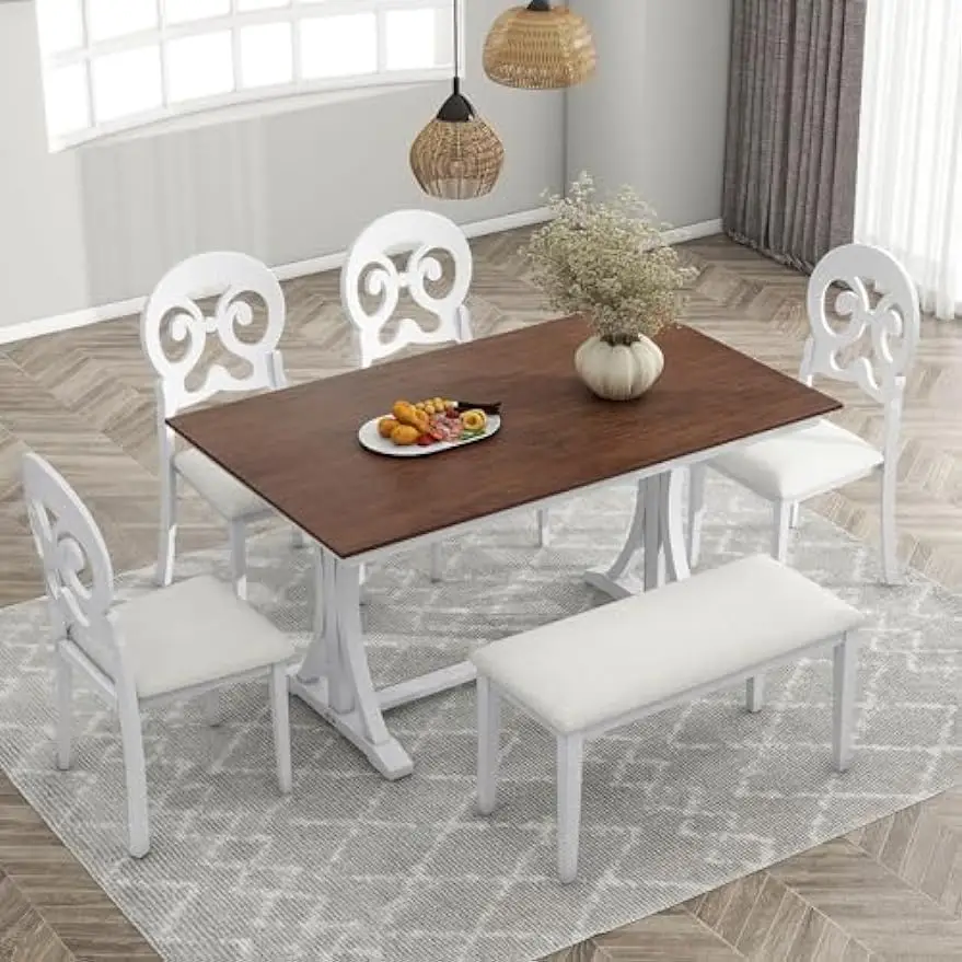 Mid-Century 6-Piece Trestle Table Set with Victorian Round Upholstered Dining Chairs and Long Bench, Cherry+Antique White
Mid-Century 6-Piece Trestle Table Set with Victorian Round Upholstered Dining Chairs and Long Bench, Cherry+Antique White