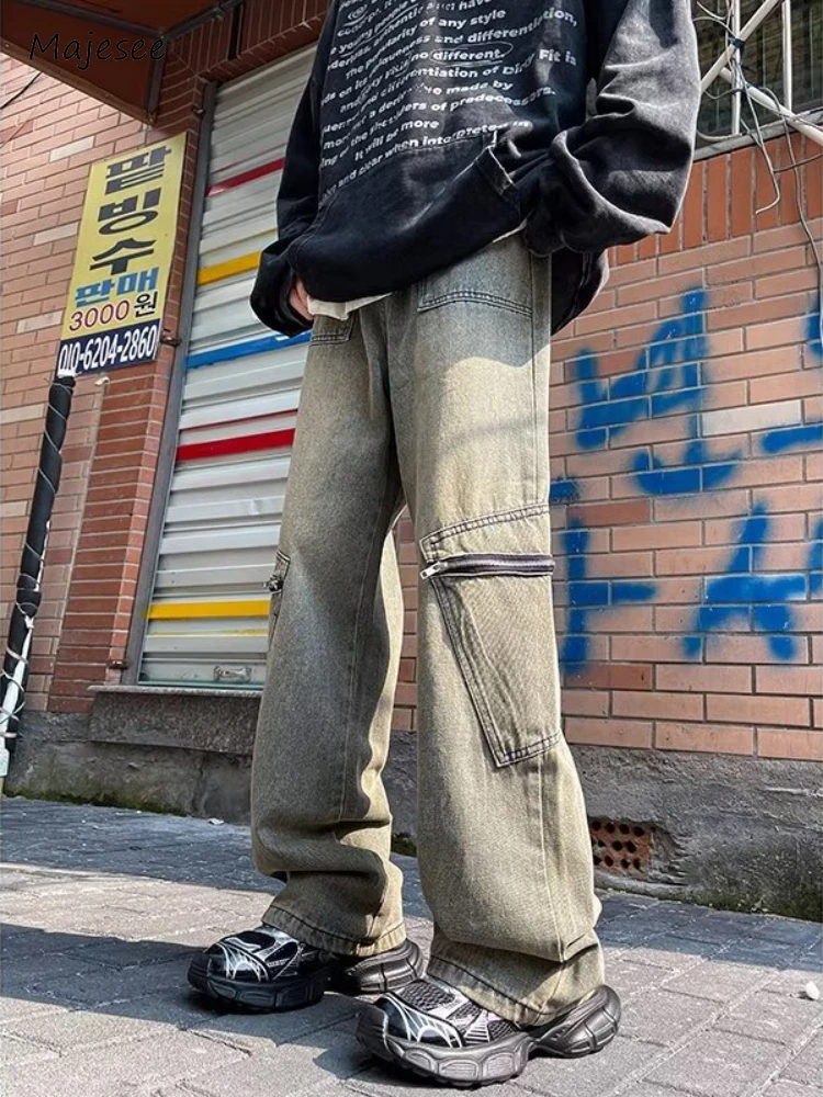 

Zippers Jeans Men Multi Pockets High Street American Retro Harajuku Washed Distressed Denim Trousers Hip Hop Loose Spring Autumn