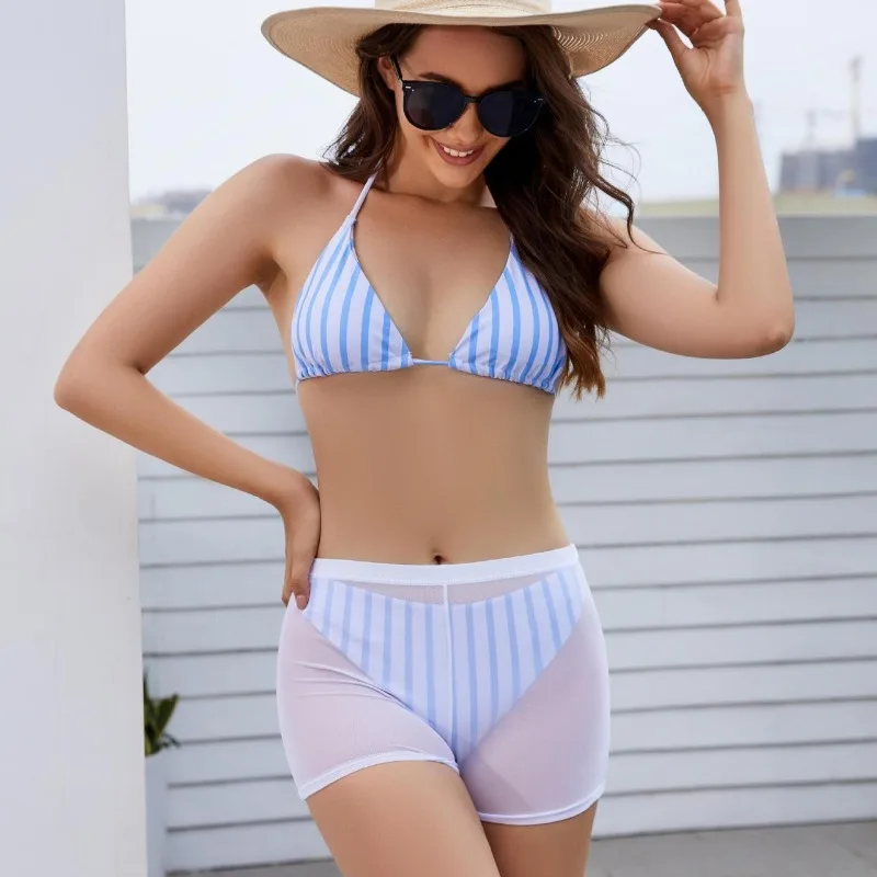 

Womens 3pack Striped Bikini Thong Swimsuit with Mesh Shorts Women's Swimwear Beach Cover Up Bathing Suits Brazilian Biquini