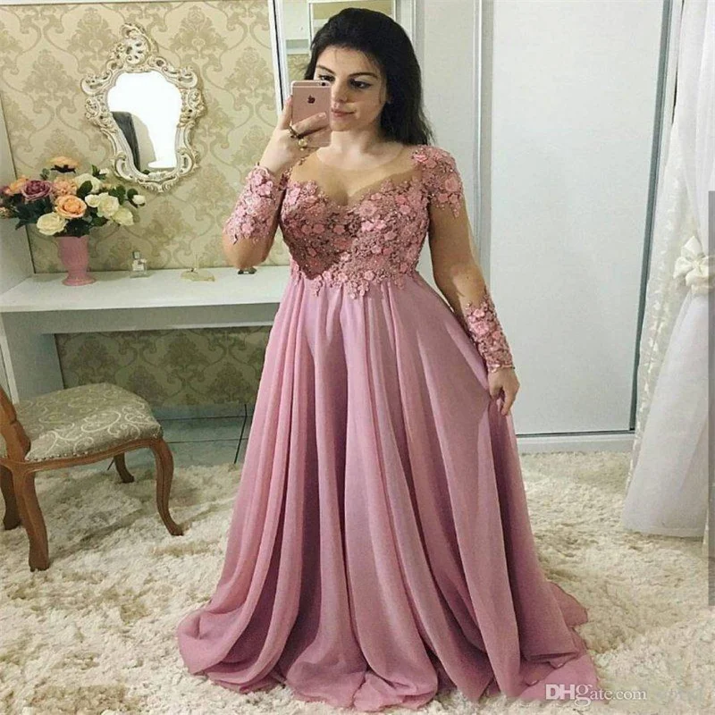 

MULONG Mother of the Bride Dresses O Neck Saudi Arabia Applique Lace Wedding Guest Gowns Long Sleeve Chiffon Mothers Groom Dress