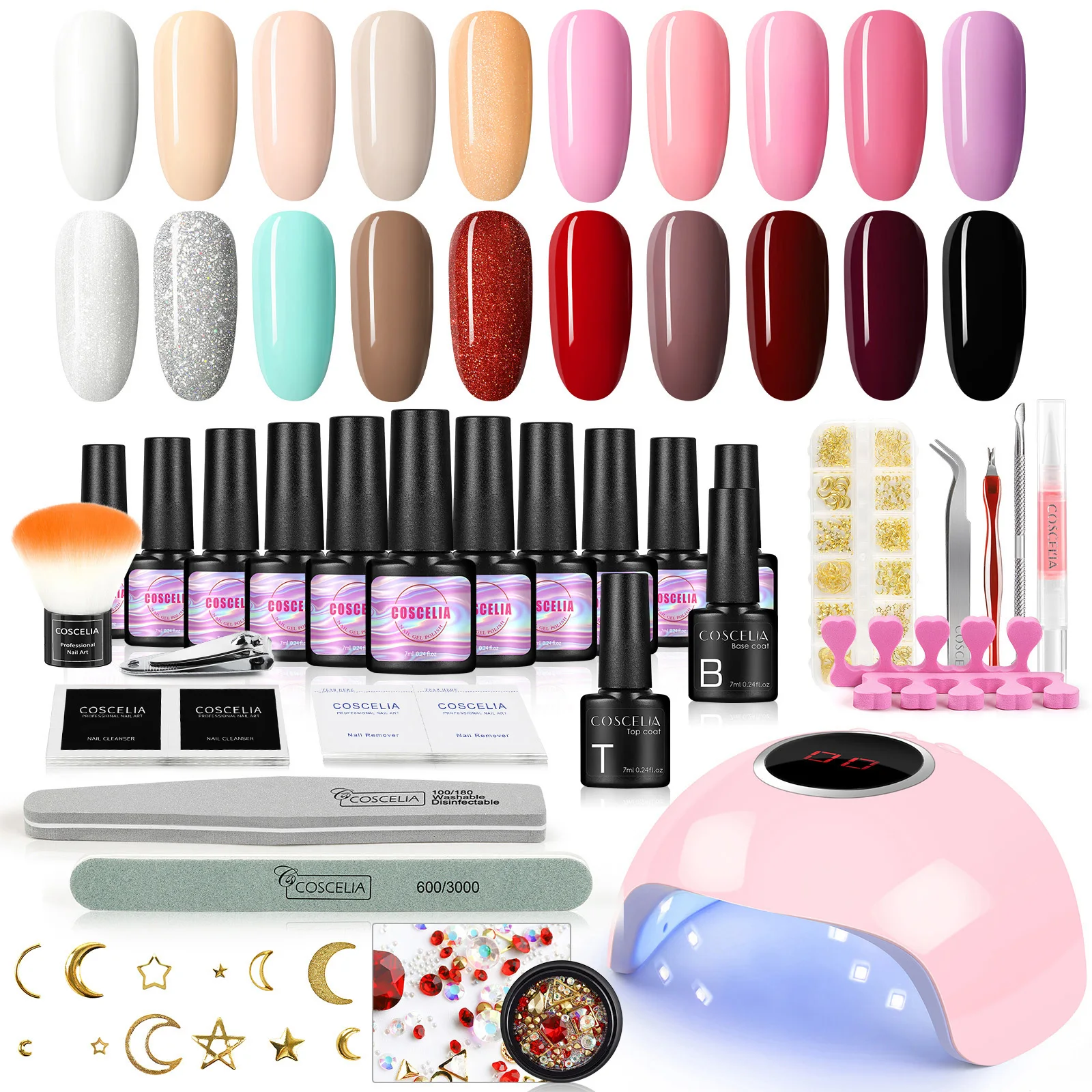 

COSCELIA 20pc Nail Gel Polish Soak Off Semi Permanent Gel Base Top And 36W UV LED Lamp Nail Rhinestone Kits Manicure Tools Set