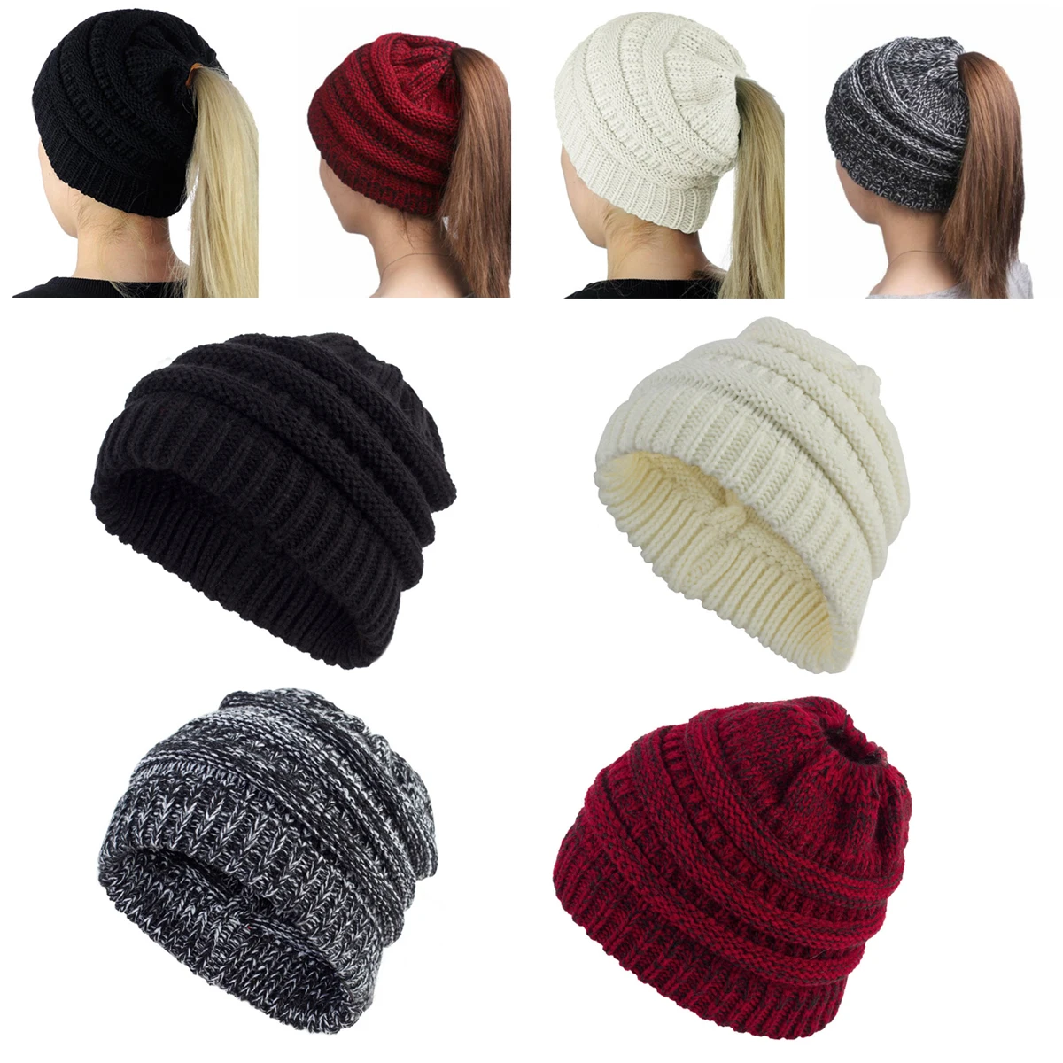 

Ladies Ponytail Knitted Wool Hat Europe and the United States Autumn and Winter Multi-coloured Pullover Cap Elastic Skull Cap