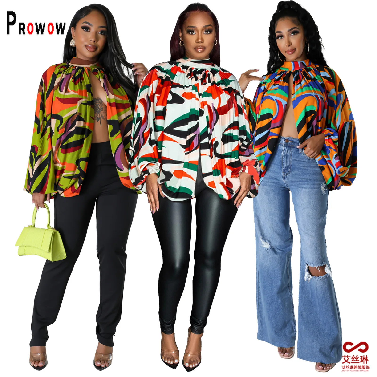 

Prowow Fashion Print Women Shirts Loose Style Long Sleeve Female Tops Clothes Hem Slit Sexy Party Nightclub Waer Clothing