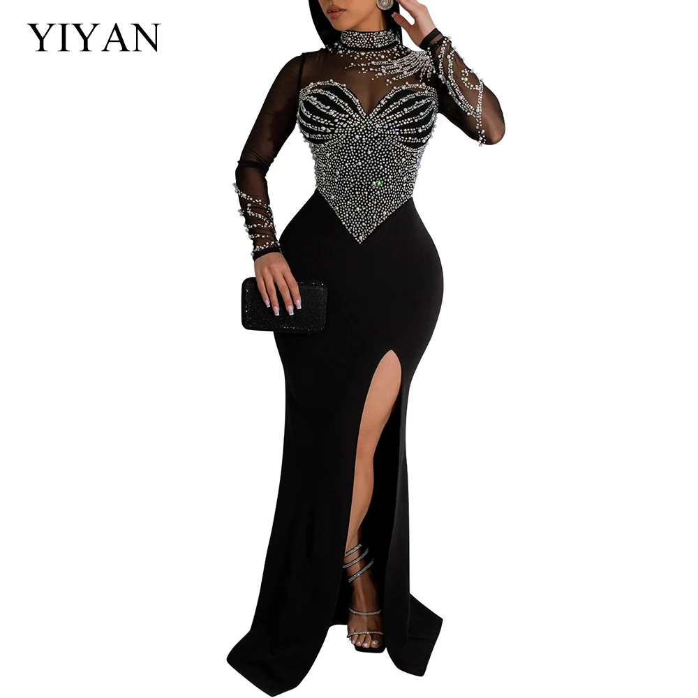 

YIYAN Women Pearl Rhinestone Slit Fishtail Hem Gowns Maxi Dresses Sheer Mesh Beaded See-Through Bodycon Party Sexy Night Club